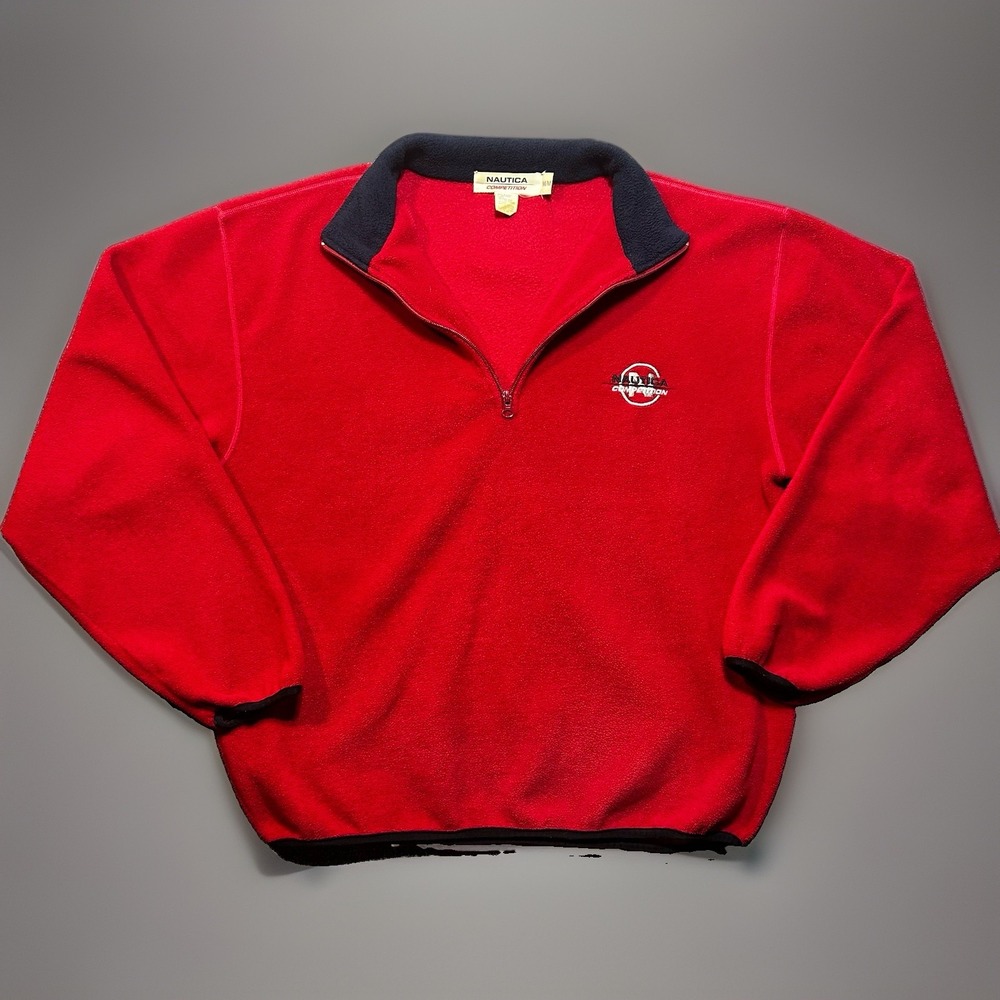 Vintage 90s Nautica Competition 1/4 Zip Fleece Sweatshirt Red Medium MADE IN USA